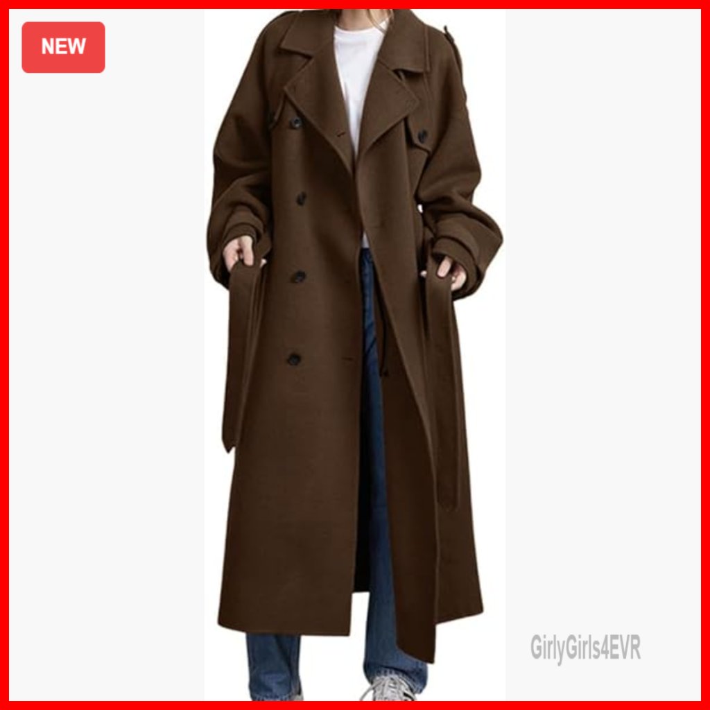 Winter Wool Blend Double Breasted Trench Coat With Belt, Notch Lapel